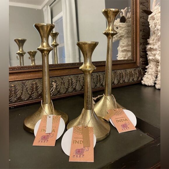Gold Candlestick Holders | Set of 3 - Picture 1 of 4